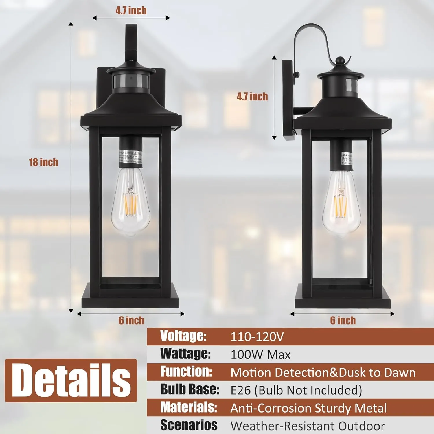 1-Pack 18 Inch Motion Sensor Front Porch Light IP65 Waterproof, Large Black Dusk to Dawn Outdoor Wall Lighting for House Exterior Light Fixture Clear Glass Garage Coach Light, E26 Bulb Base