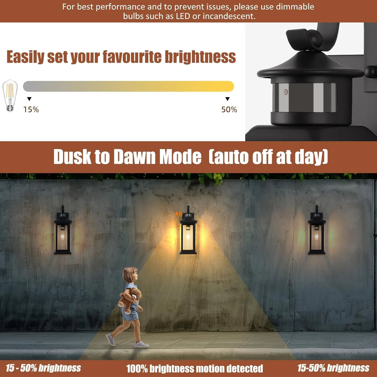 1-Pack 18 Inch Motion Sensor Front Porch Light IP65 Waterproof, Large Black Dusk to Dawn Outdoor Wall Lighting for House Exterior Light Fixture Clear Glass Garage Coach Light, E26 Bulb Base