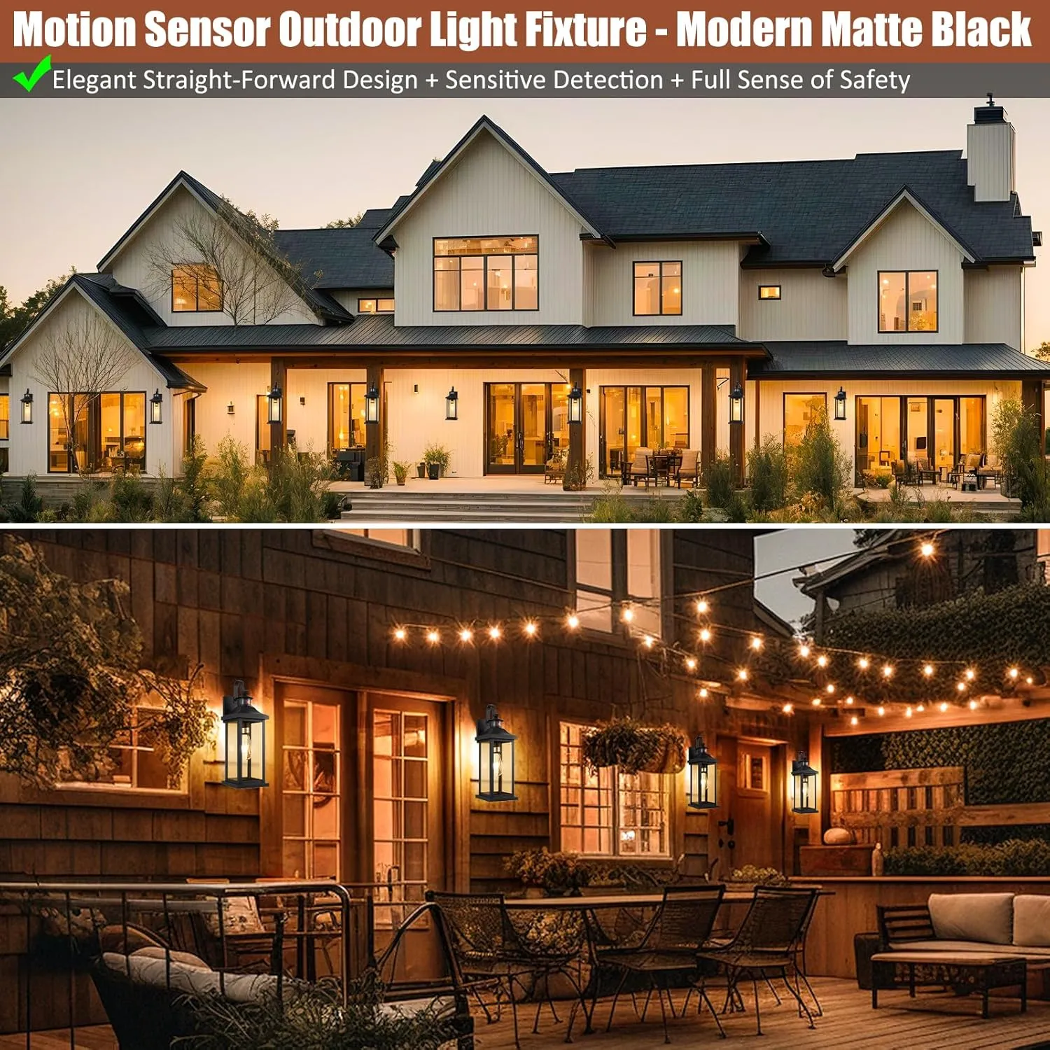 1-Pack 18 Inch Motion Sensor Front Porch Light IP65 Waterproof, Large Black Dusk to Dawn Outdoor Wall Lighting for House Exterior Light Fixture Clear Glass Garage Coach Light, E26 Bulb Base