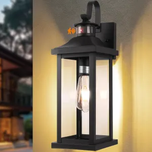 1-Pack 18 Inch Motion Sensor Front Porch Light IP65 Waterproof, Large Black Dusk to Dawn Outdoor Wall Lighting for House Exterior Light Fixture Clear Glass Garage Coach Light, E26 Bulb Base