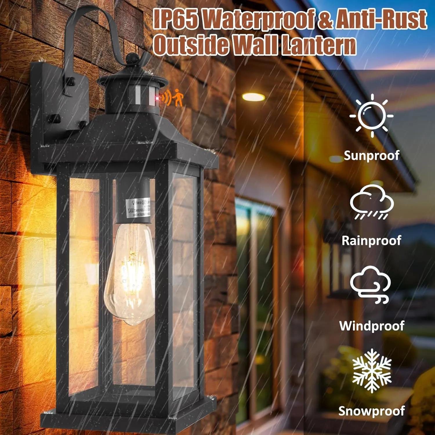 1-Pack 18 Inch Motion Sensor Front Porch Light IP65 Waterproof, Large Black Dusk to Dawn Outdoor Wall Lighting for House Exterior Light Fixture Clear Glass Garage Coach Light, E26 Bulb Base