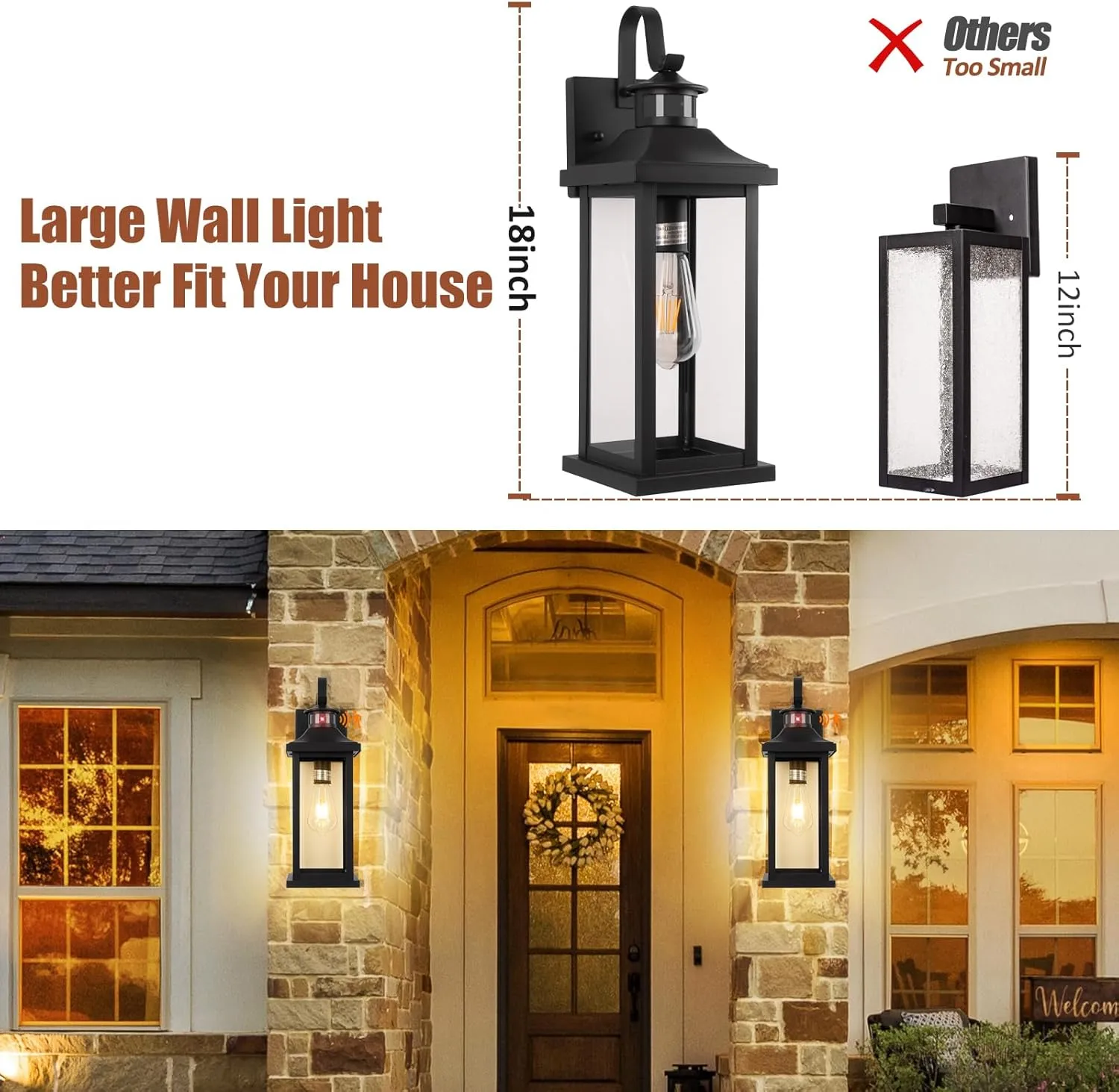 1-Pack 18 Inch Motion Sensor Front Porch Light IP65 Waterproof, Large Black Dusk to Dawn Outdoor Wall Lighting for House Exterior Light Fixture Clear Glass Garage Coach Light, E26 Bulb Base
