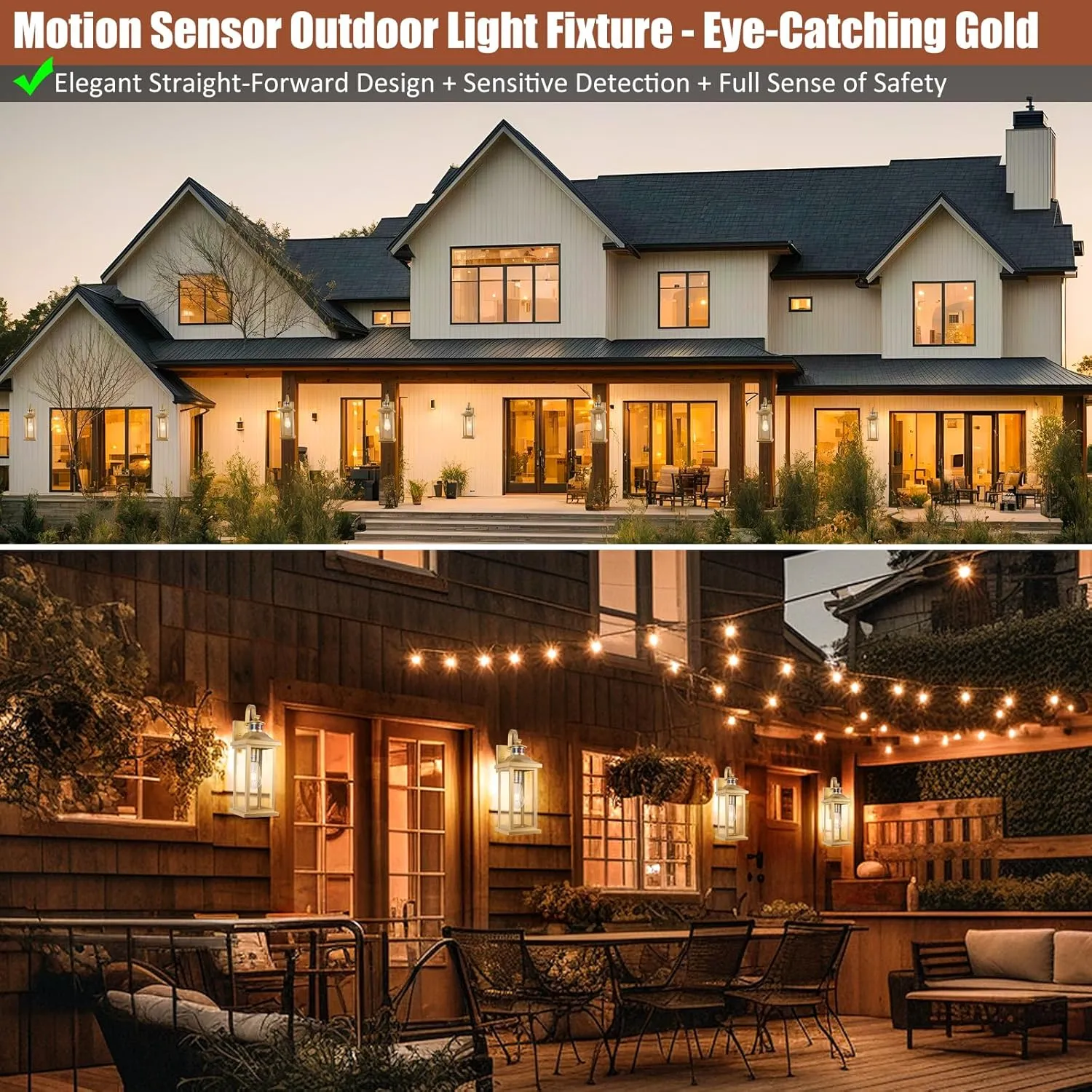 1-Pack Gold Motion Sensor Outdoor Light for House, Large 18” Dusk till Dawn Outdoor Light Fixtures IP65 Waterproof Brass Outside Scone for House Photocell Modern Exterior Lantern Wall Mount