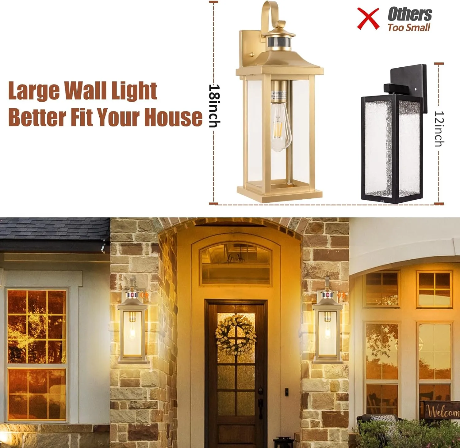 1-Pack Gold Motion Sensor Outdoor Light for House, Large 18” Dusk till Dawn Outdoor Light Fixtures IP65 Waterproof Brass Outside Scone for House Photocell Modern Exterior Lantern Wall Mount