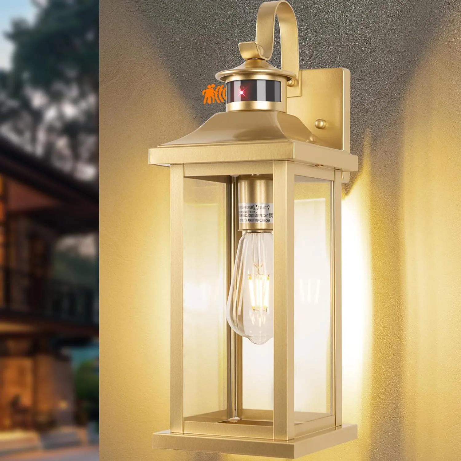 1-Pack Gold Motion Sensor Outdoor Light for House, Large 18” Dusk till Dawn Outdoor Light Fixtures IP65 Waterproof Brass Outside Scone for House Photocell Modern Exterior Lantern Wall Mount