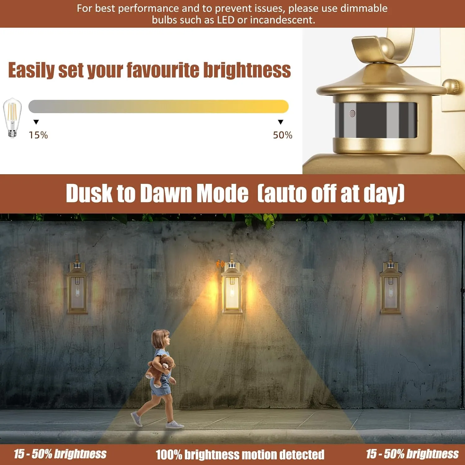1-Pack Gold Motion Sensor Outdoor Light for House, Large 18” Dusk till Dawn Outdoor Light Fixtures IP65 Waterproof Brass Outside Scone for House Photocell Modern Exterior Lantern Wall Mount