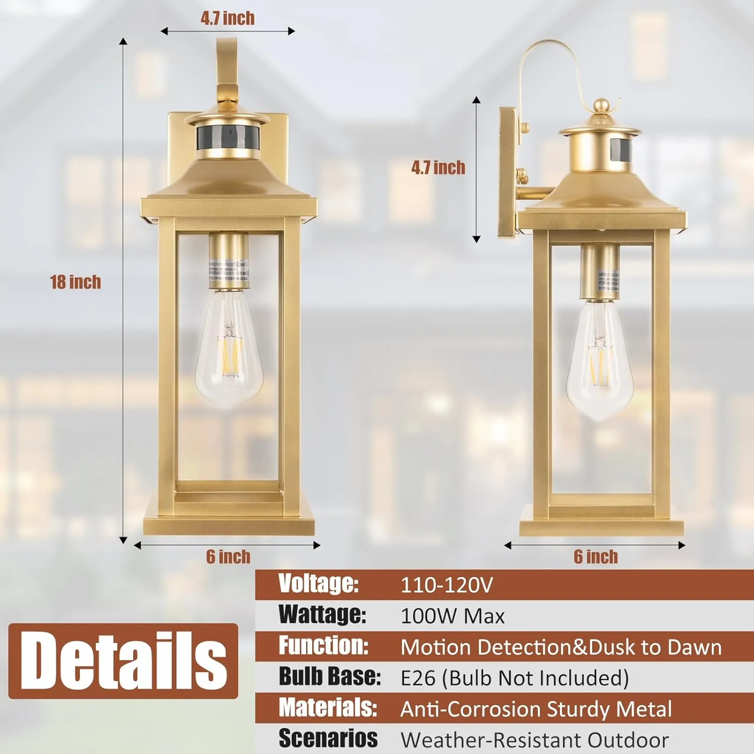 1-Pack Gold Motion Sensor Outdoor Light for House, Large 18” Dusk till Dawn Outdoor Light Fixtures IP65 Waterproof Brass Outside Scone for House Photocell Modern Exterior Lantern Wall Mount