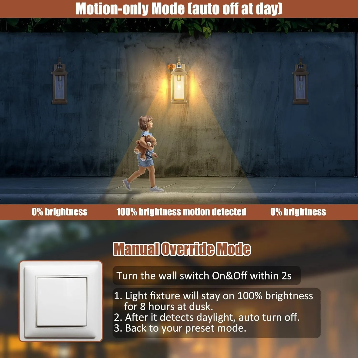 1-Pack Gold Motion Sensor Outdoor Light for House, Large 18” Dusk till Dawn Outdoor Light Fixtures IP65 Waterproof Brass Outside Scone for House Photocell Modern Exterior Lantern Wall Mount