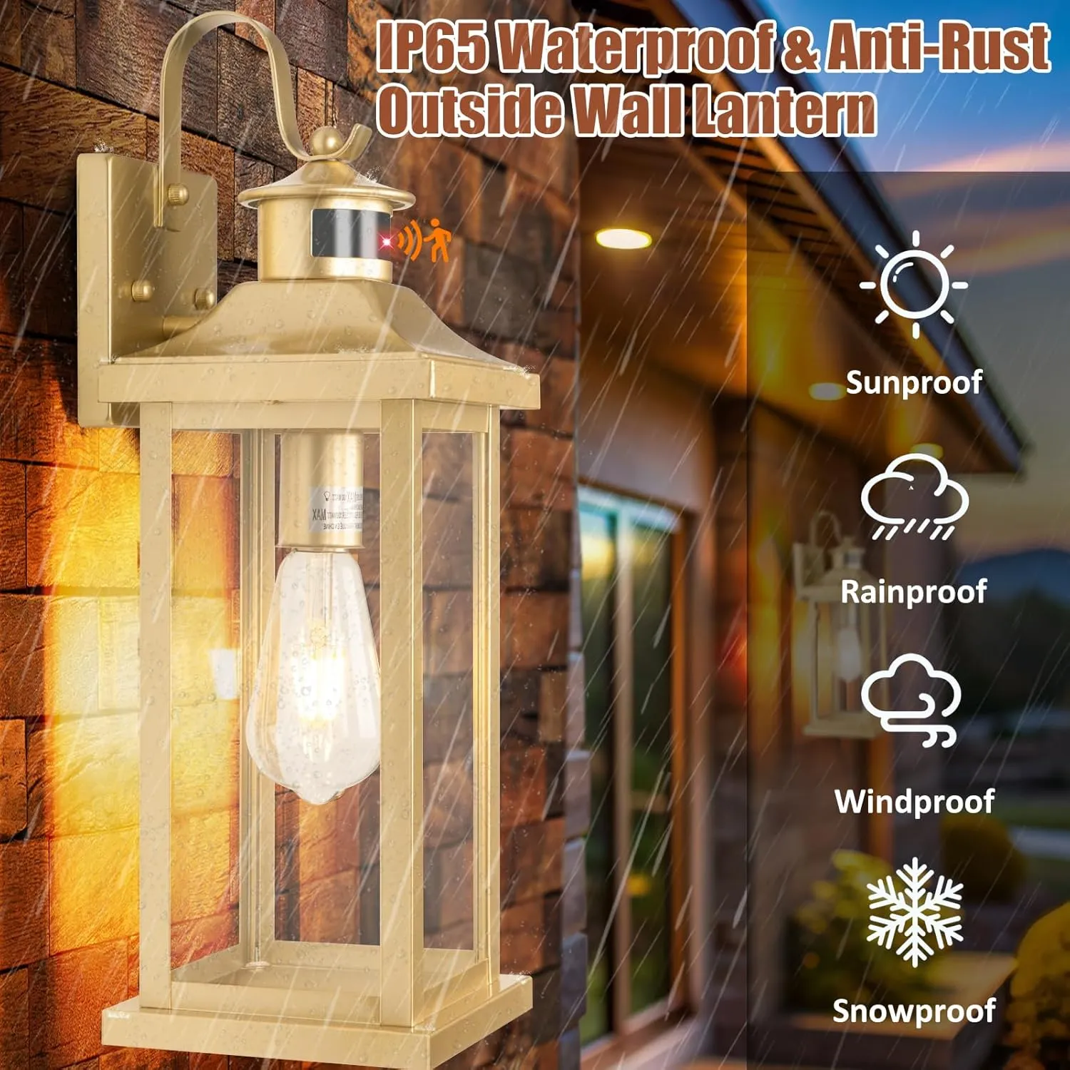 1-Pack Gold Motion Sensor Outdoor Light for House, Large 18” Dusk till Dawn Outdoor Light Fixtures IP65 Waterproof Brass Outside Scone for House Photocell Modern Exterior Lantern Wall Mount