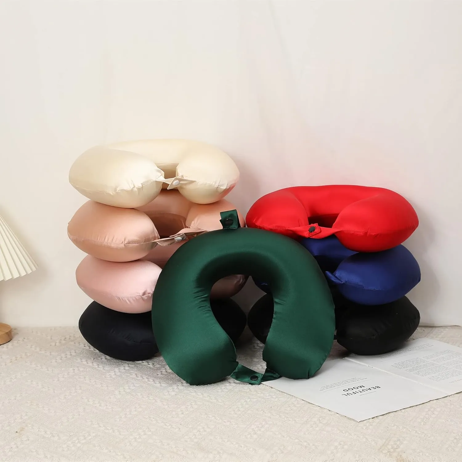 100% Mulberry Silk Neck Pillow for Travel 22 Momme Real Silk Travel Pillow for Pain Relief Sleeping, Silk Airplane Pillow, Anti Wrinkle Travel Pillow Made in USA (Blush)