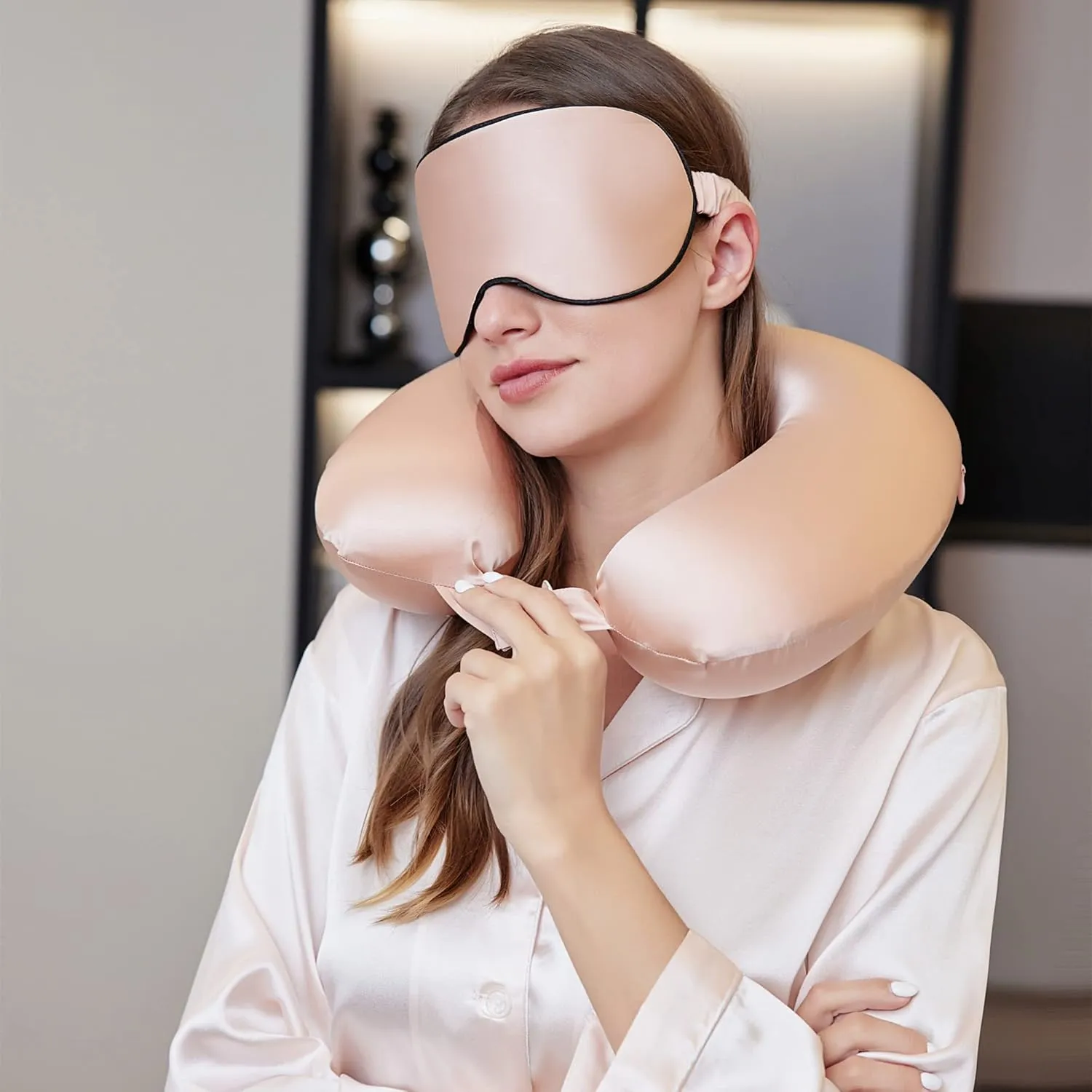 100% Mulberry Silk Neck Pillow for Travel 22 Momme Real Silk Travel Pillow for Pain Relief Sleeping, Silk Airplane Pillow, Anti Wrinkle Travel Pillow Made in USA (Blush)