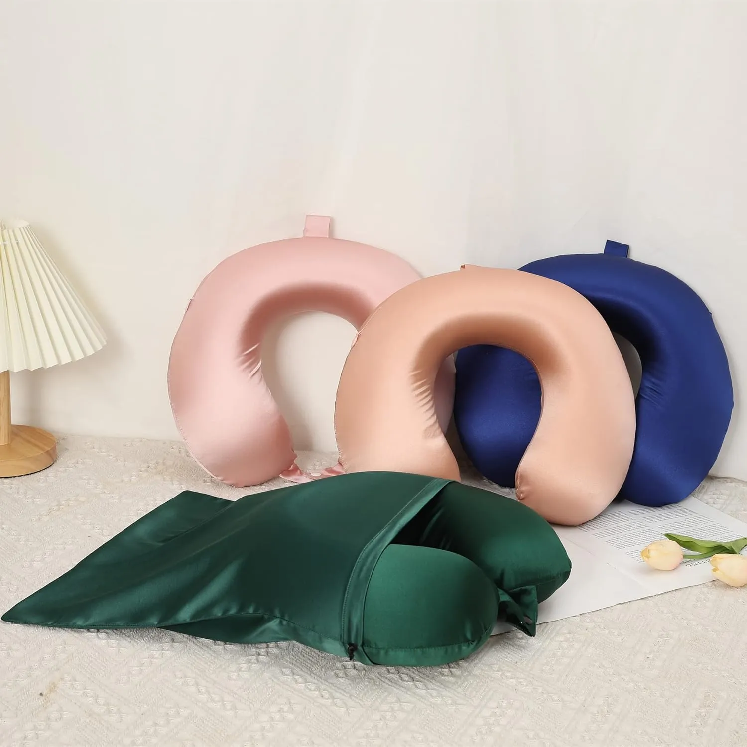 100% Mulberry Silk Neck Pillow for Travel 22 Momme Real Silk Travel Pillow for Pain Relief Sleeping, Silk Airplane Pillow, Anti Wrinkle Travel Pillow Made in USA (Blush)