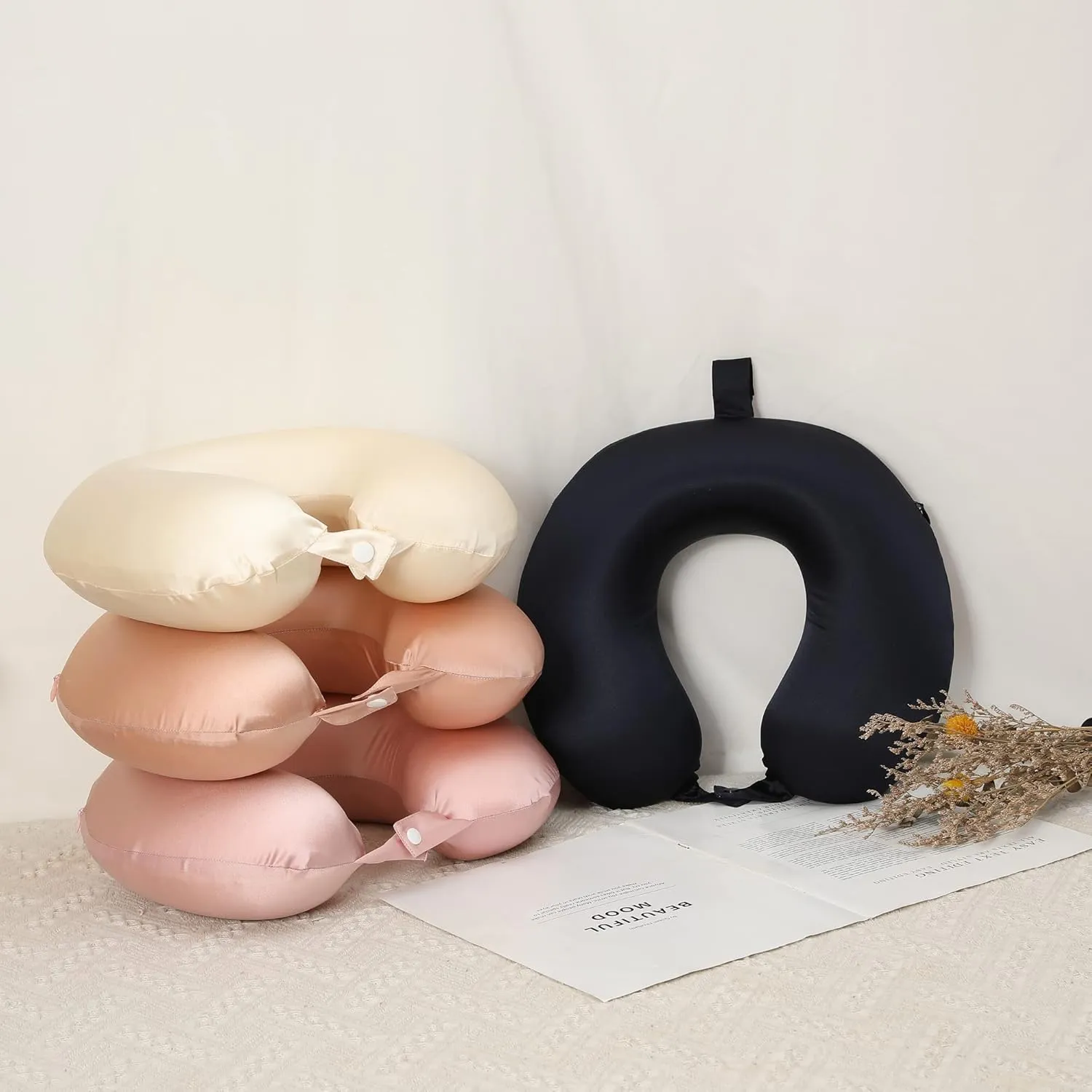 100% Mulberry Silk Neck Pillow for Travel 22 Momme Real Silk Travel Pillow for Pain Relief Sleeping, Silk Airplane Pillow, Anti Wrinkle Travel Pillow Made in USA (Blush)