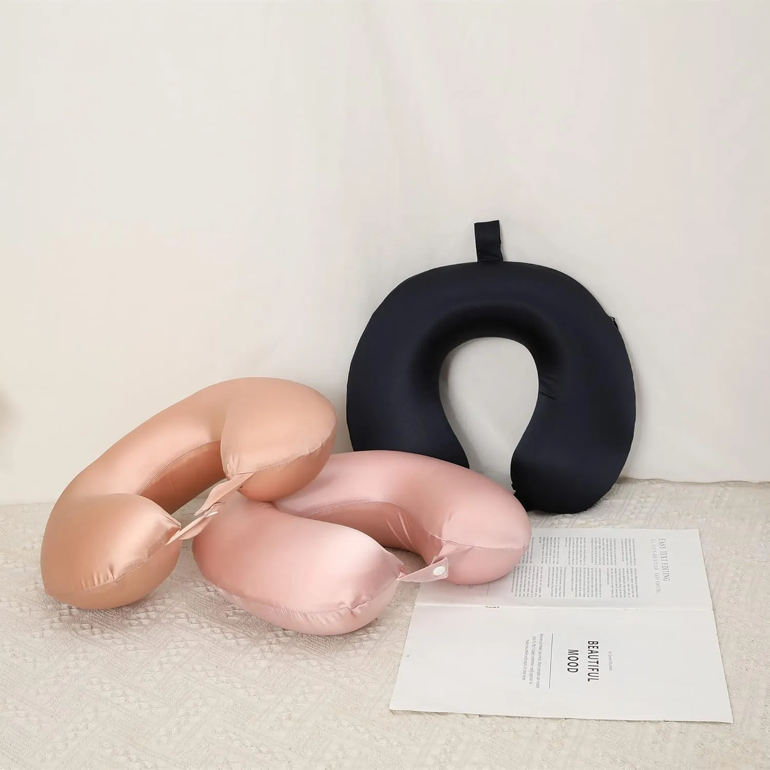 100% Mulberry Silk Neck Pillow for Travel 22 Momme Real Silk Travel Pillow for Pain Relief Sleeping, Silk Airplane Pillow, Anti Wrinkle Travel Pillow Made in USA (Blush)