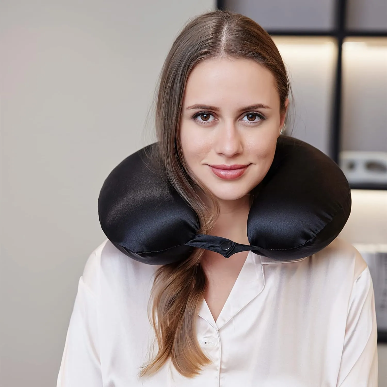 100% Mulberry Silk Travel Neck Pillow for Sleeping 22 Momme Silk Airplane Travel Pillow for Pain Relief Sleeping, Plane Neck Support Pillow, Anti Wrinkle, Made in USA (Black)