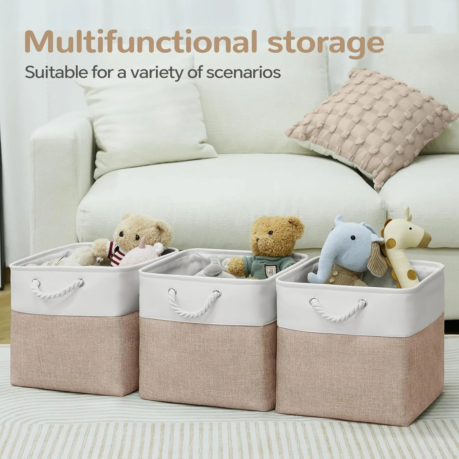 12 x 12 Inch Cube Storage Bins, 4 Pack Fabric Storage Basket with Handles, Foldable Boxes Organizer for Shelf Baskets for Home, Clothes, Toys (White/Khaki)