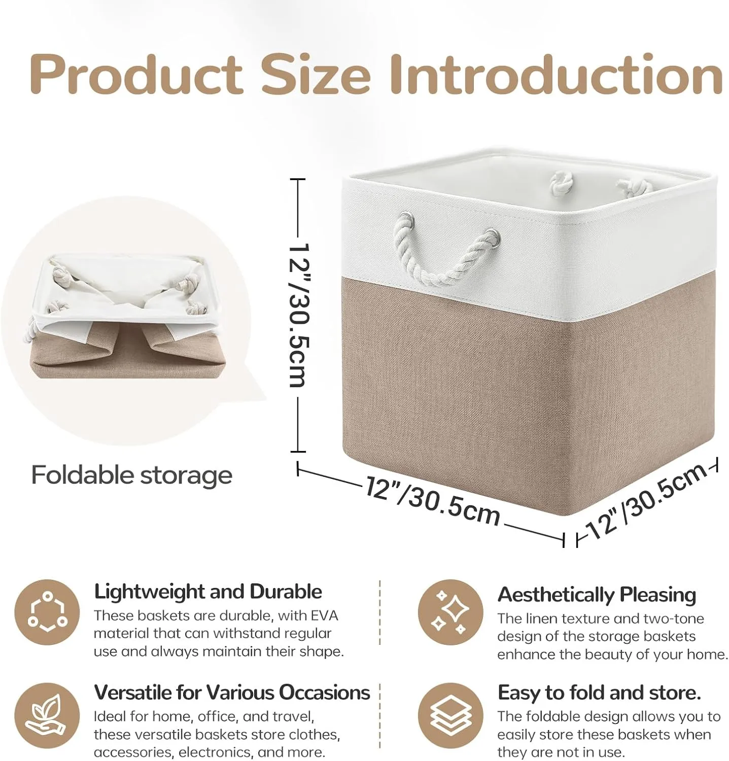 12 x 12 Inch Cube Storage Bins, 4 Pack Fabric Storage Basket with Handles, Foldable Boxes Organizer for Shelf Baskets for Home, Clothes, Toys (White/Khaki)