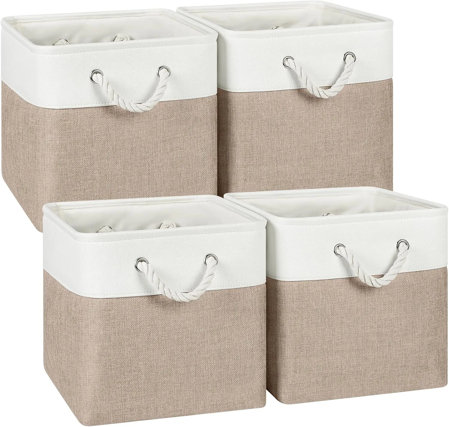12 x 12 Inch Cube Storage Bins, 4 Pack Fabric Storage Basket with Handles, Foldable Boxes Organizer for Shelf Baskets for Home, Clothes, Toys (White/Khaki)