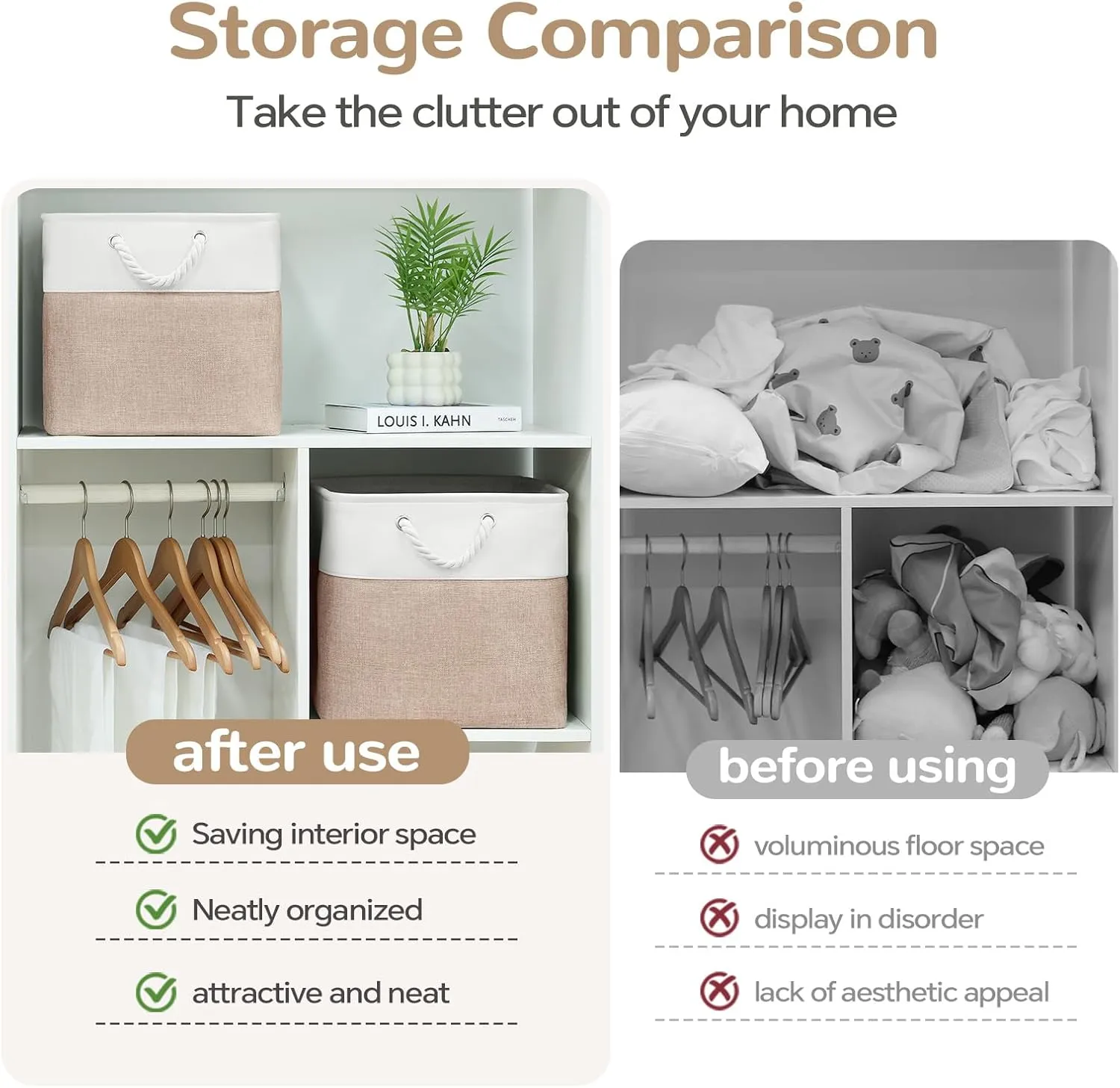 12 x 12 Inch Cube Storage Bins, 4 Pack Fabric Storage Basket with Handles, Foldable Boxes Organizer for Shelf Baskets for Home, Clothes, Toys (White/Khaki)