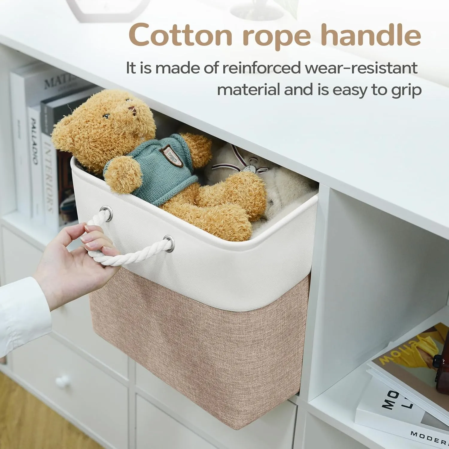 12 x 12 Inch Cube Storage Bins, 4 Pack Fabric Storage Basket with Handles, Foldable Boxes Organizer for Shelf Baskets for Home, Clothes, Toys (White/Khaki)