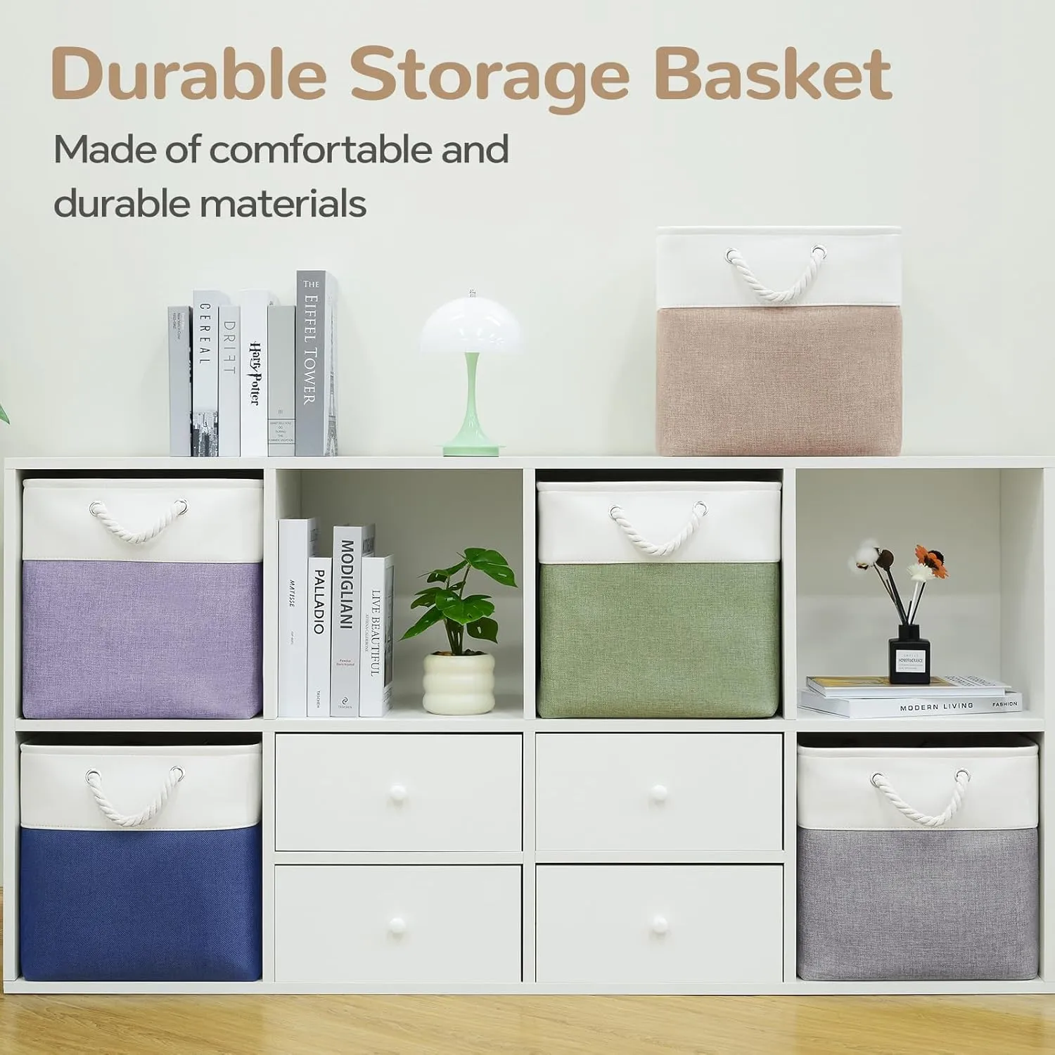 12 x 12 Inch Cube Storage Bins, 4 Pack Fabric Storage Basket with Handles, Foldable Boxes Organizer for Shelf Baskets for Home, Clothes, Toys (White/Khaki)
