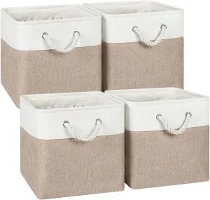 12 x 12 Inch Cube Storage Bins, 4 Pack Fabric Storage Basket with Handles, Foldable Boxes Organizer for Shelf Baskets for Home, Clothes, Toys (White/Khaki)
