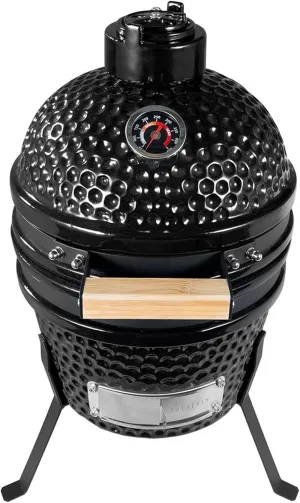 13" Kamado Grill - Black | Portable Charcoal Grill with Bamboo Handle & Rippled Finish | 10" Stainless Steel Cooking Surface | Top Vent & Bottom Damper for Airflow Control | Ceramic Bowl