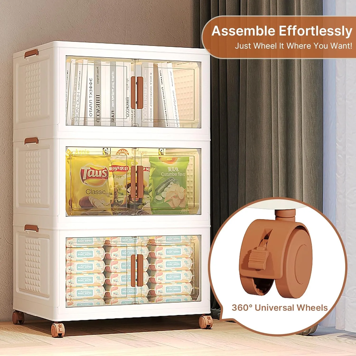 150Qt Stackable Storage Bins with Lids and Divider, 3Pack Collapsible Drawers with Doors, Foldable Cabinet with Wheels, Plastic Closet Organizers and Storage for Home, Dorm