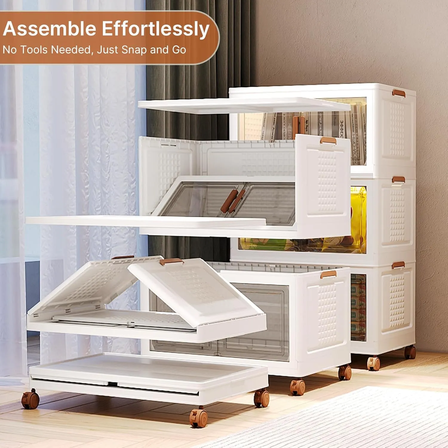 150Qt Stackable Storage Bins with Lids and Divider, 3Pack Collapsible Drawers with Doors, Foldable Cabinet with Wheels, Plastic Closet Organizers and Storage for Home, Dorm
