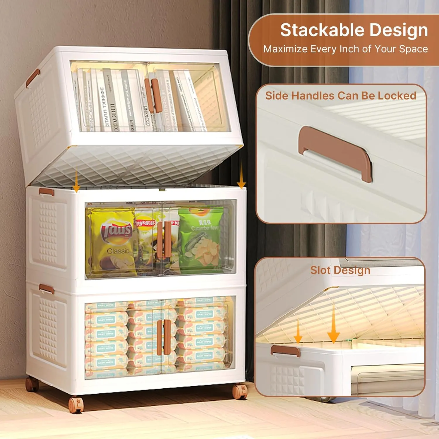 150Qt Stackable Storage Bins with Lids and Divider, 3Pack Collapsible Drawers with Doors, Foldable Cabinet with Wheels, Plastic Closet Organizers and Storage for Home, Dorm