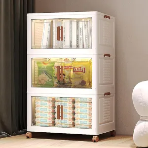 150Qt Stackable Storage Bins with Lids and Divider, 3Pack Collapsible Drawers with Doors, Foldable Cabinet with Wheels, Plastic Closet Organizers and Storage for Home, Dorm