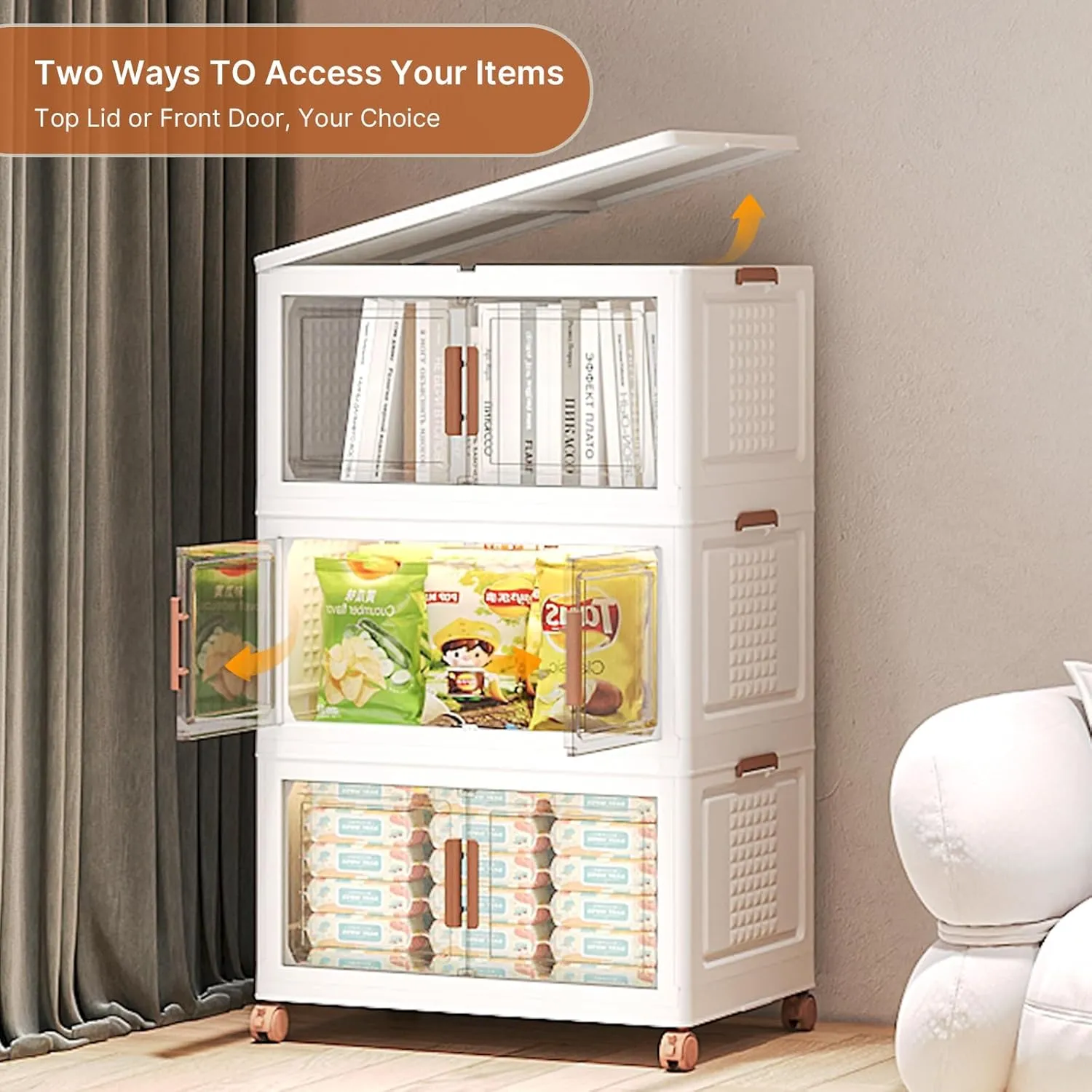 150Qt Stackable Storage Bins with Lids and Divider, 3Pack Collapsible Drawers with Doors, Foldable Cabinet with Wheels, Plastic Closet Organizers and Storage for Home, Dorm