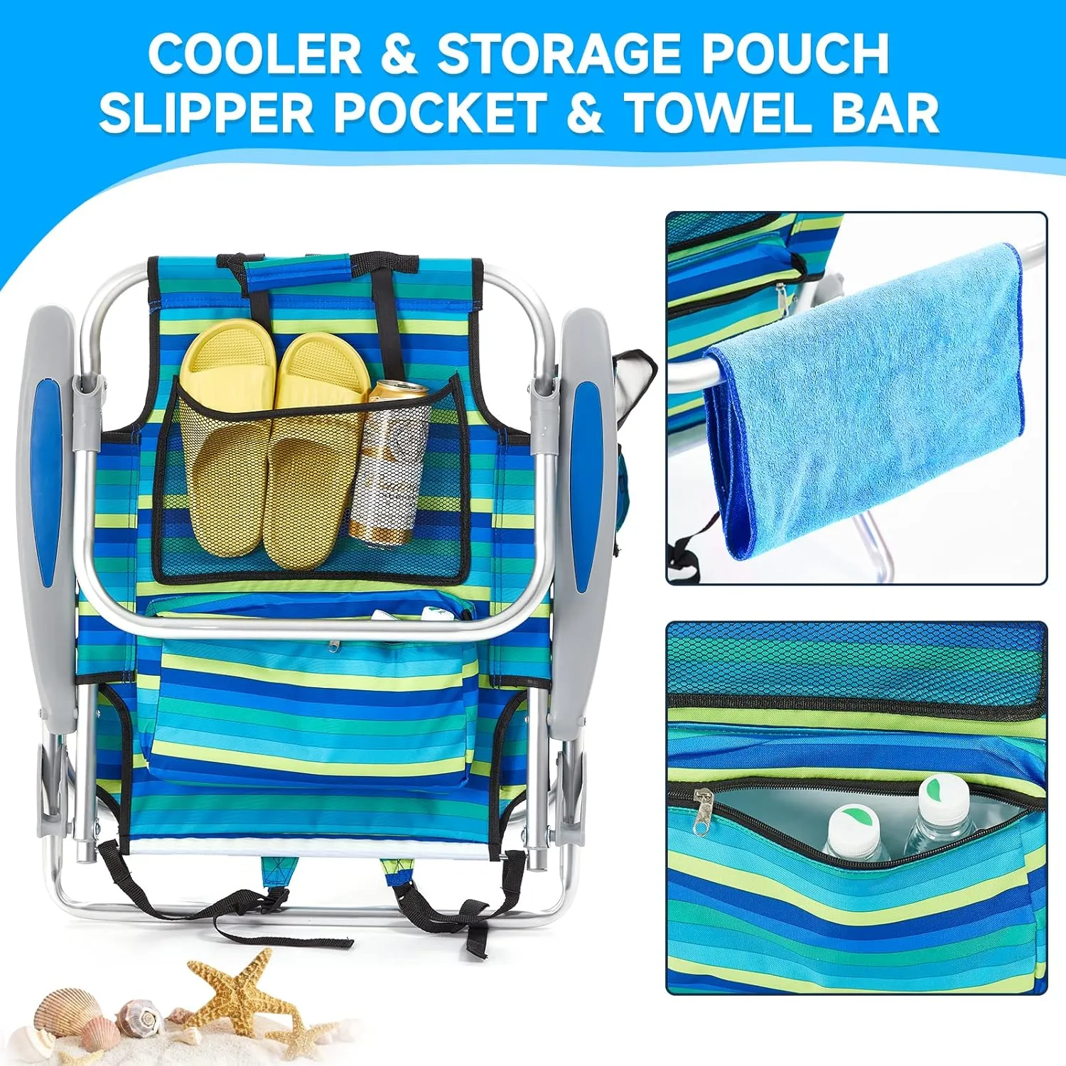 1PC Portable Beach Chair for Adults, 4 Position Backpack Folding Camping Chairs for Outdoor, Beach Chairs with Backpack Straps, Striped