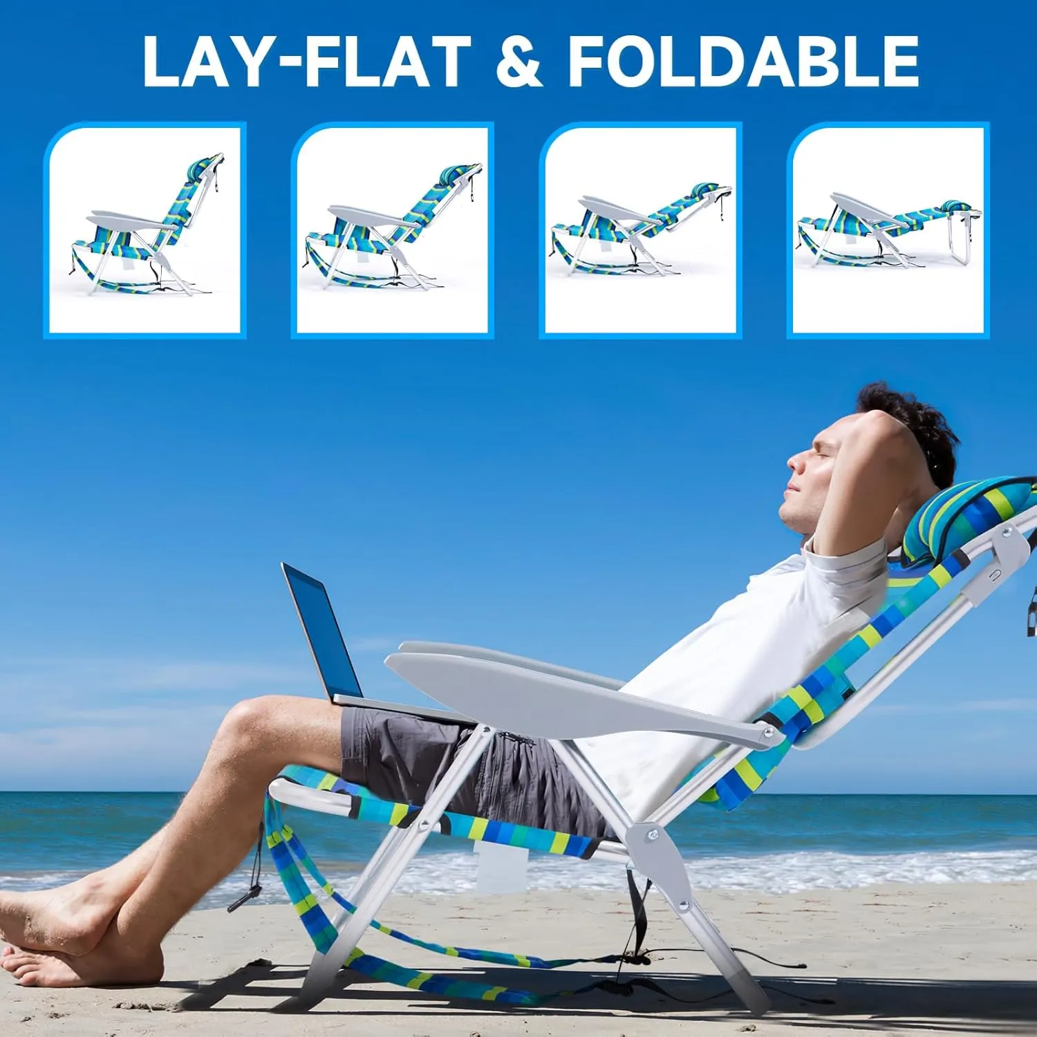 1PC Portable Beach Chair for Adults, 4 Position Backpack Folding Camping Chairs for Outdoor, Beach Chairs with Backpack Straps, Striped