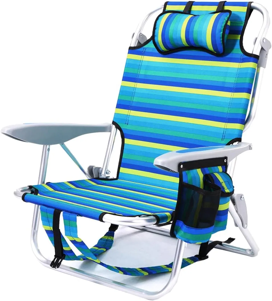 1PC Portable Beach Chair for Adults, 4 Position Backpack Folding Camping Chairs for Outdoor, Beach Chairs with Backpack Straps, Striped