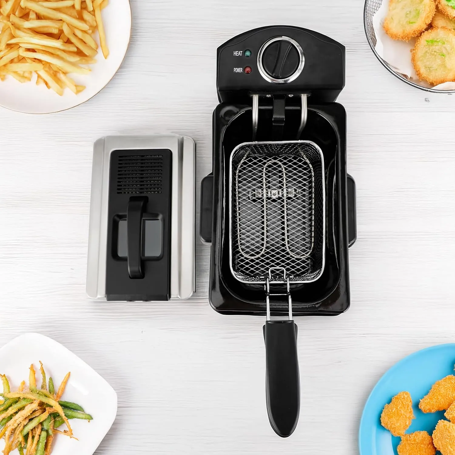 2 Liter / 2.1 Quart Stainless Steel Immersion Electric Deep Fryer, 1400 W, Temperature Control, Basket with Hook, Odor Filter, Lid w. Viewing Window