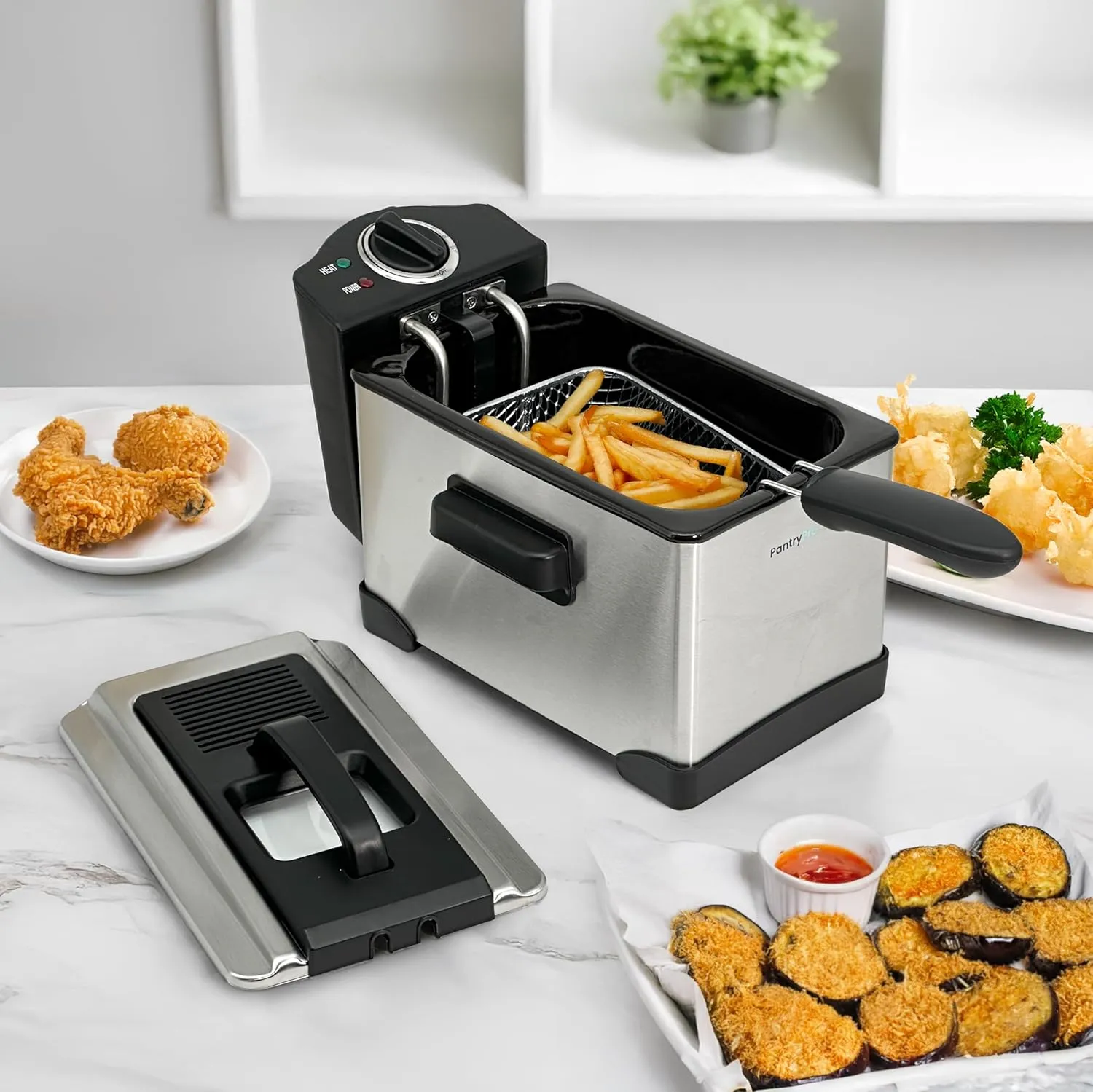 2 Liter / 2.1 Quart Stainless Steel Immersion Electric Deep Fryer, 1400 W, Temperature Control, Basket with Hook, Odor Filter, Lid w. Viewing Window