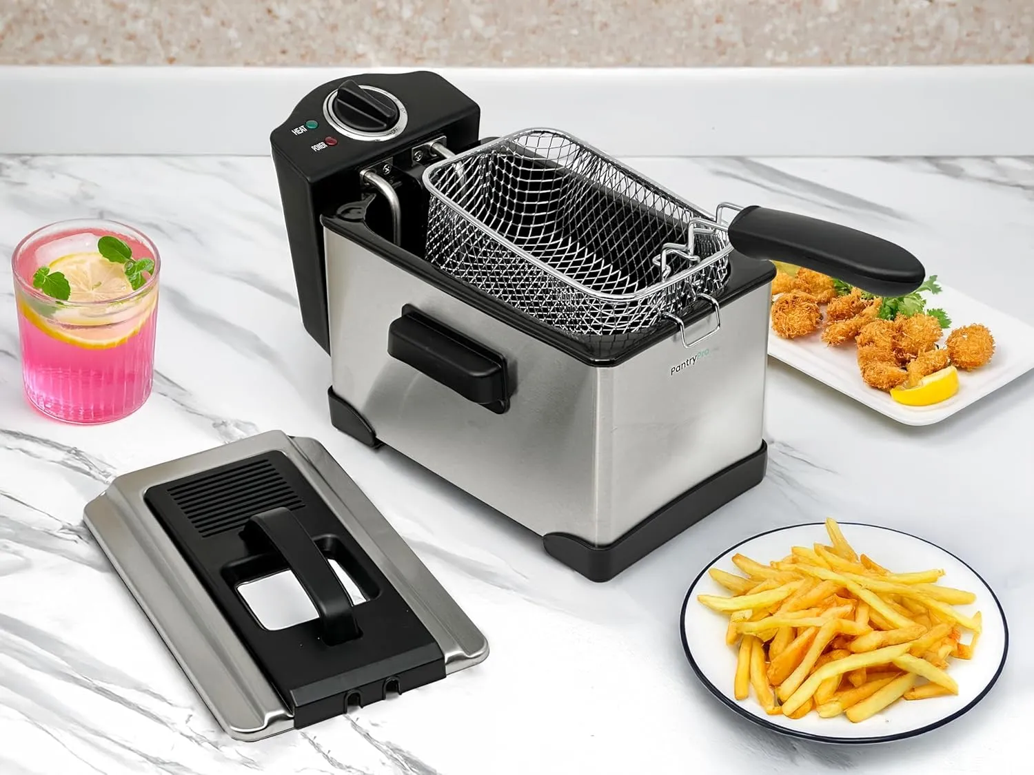 2 Liter / 2.1 Quart Stainless Steel Immersion Electric Deep Fryer, 1400 W, Temperature Control, Basket with Hook, Odor Filter, Lid w. Viewing Window