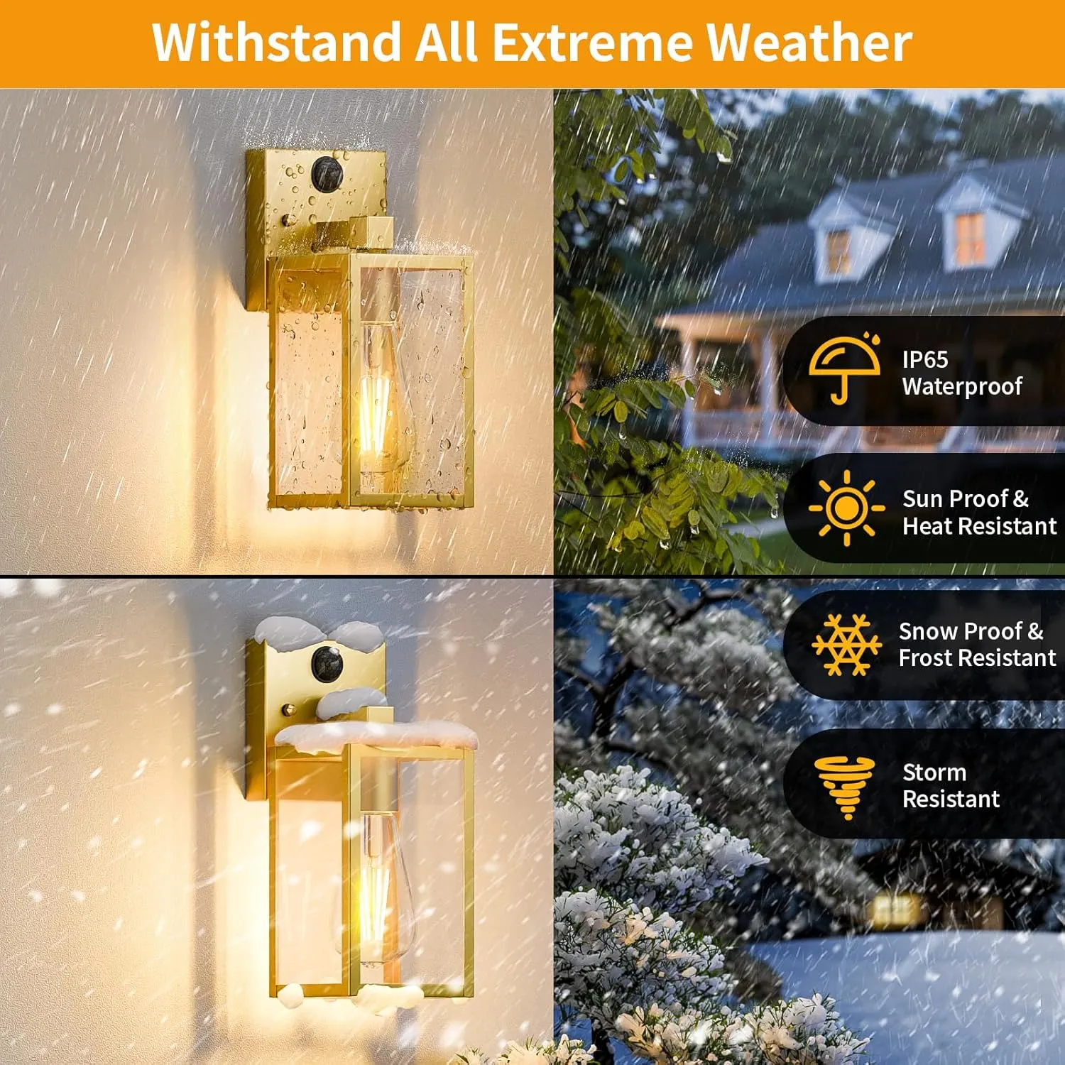 2 Pack Gold Motion Sensor Outdoor Light Fixtures Wall Mount, Dusk to Dawn Front Porch Lights for House, Exterior Wall Sconce, Waterproof Lantern Lamp,Outside Coach Light for Garage Entryway Yard