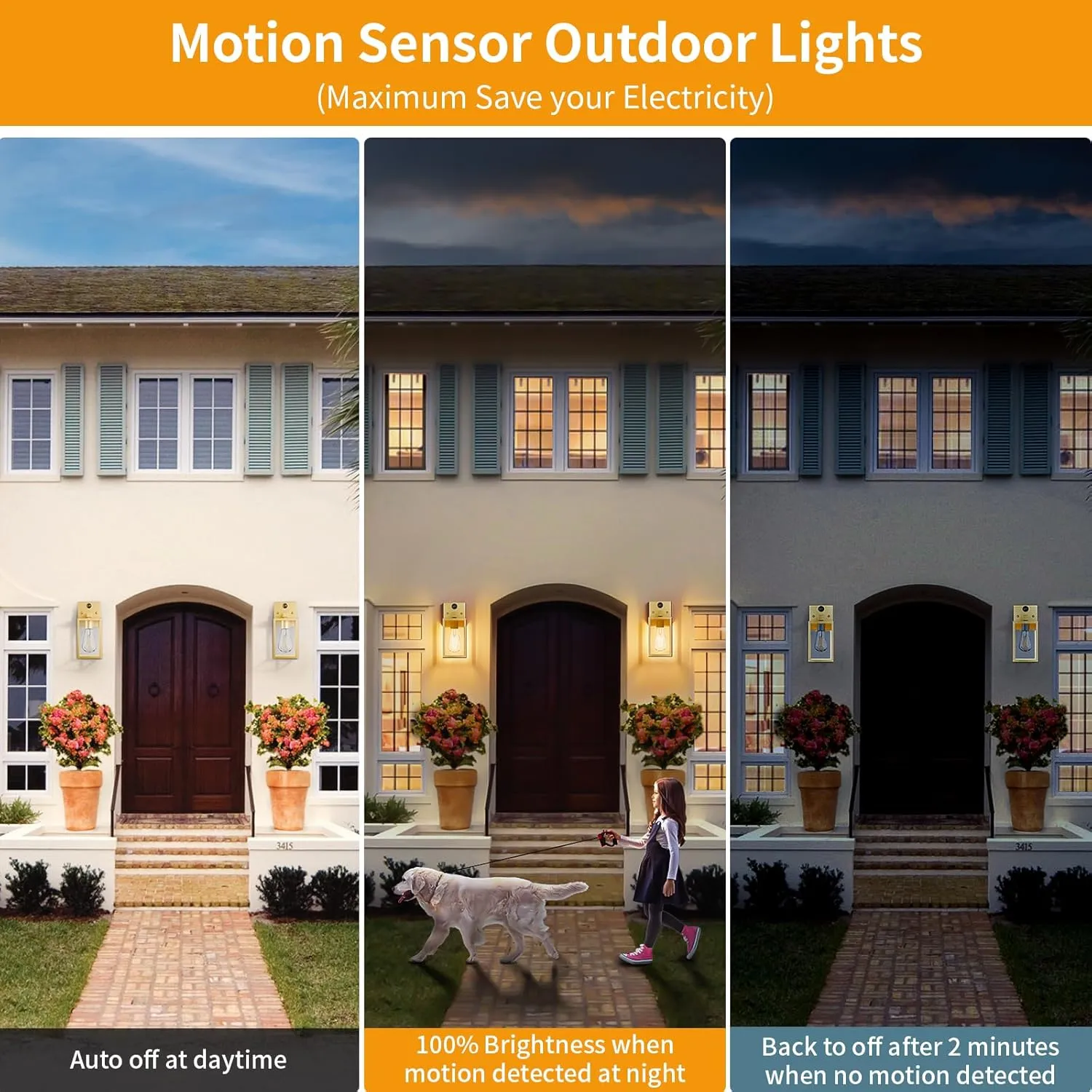 2 Pack Gold Motion Sensor Outdoor Light Fixtures Wall Mount, Dusk to Dawn Front Porch Lights for House, Exterior Wall Sconce, Waterproof Lantern Lamp,Outside Coach Light for Garage Entryway Yard
