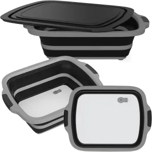 2-Pack XL Collapsible BBQ Prep Tub with Built-In Cutting Board, Lid & Strainer – Marinate, Drain & Prep – Large Food-Safe Container – Perfect for Grilling, Smoking & Outdoor Cooking (Black)