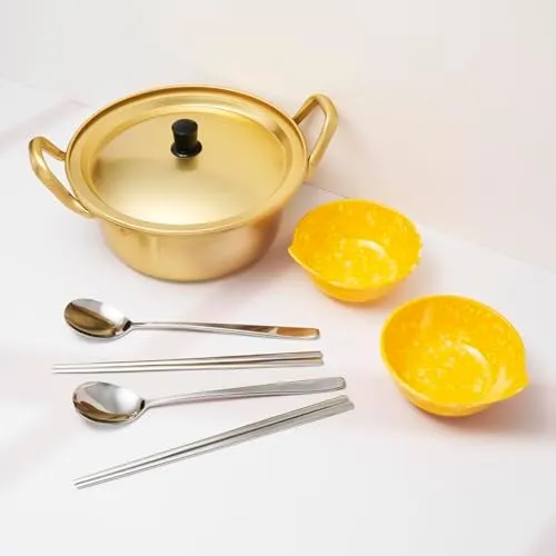 2-Person Korean Ramen Cooking Set – Pot, Bowls, Chopsticks & Spoons | Perfect for Instant Noodles, Quick Meals & Travel | Made in Korea (Double Set)