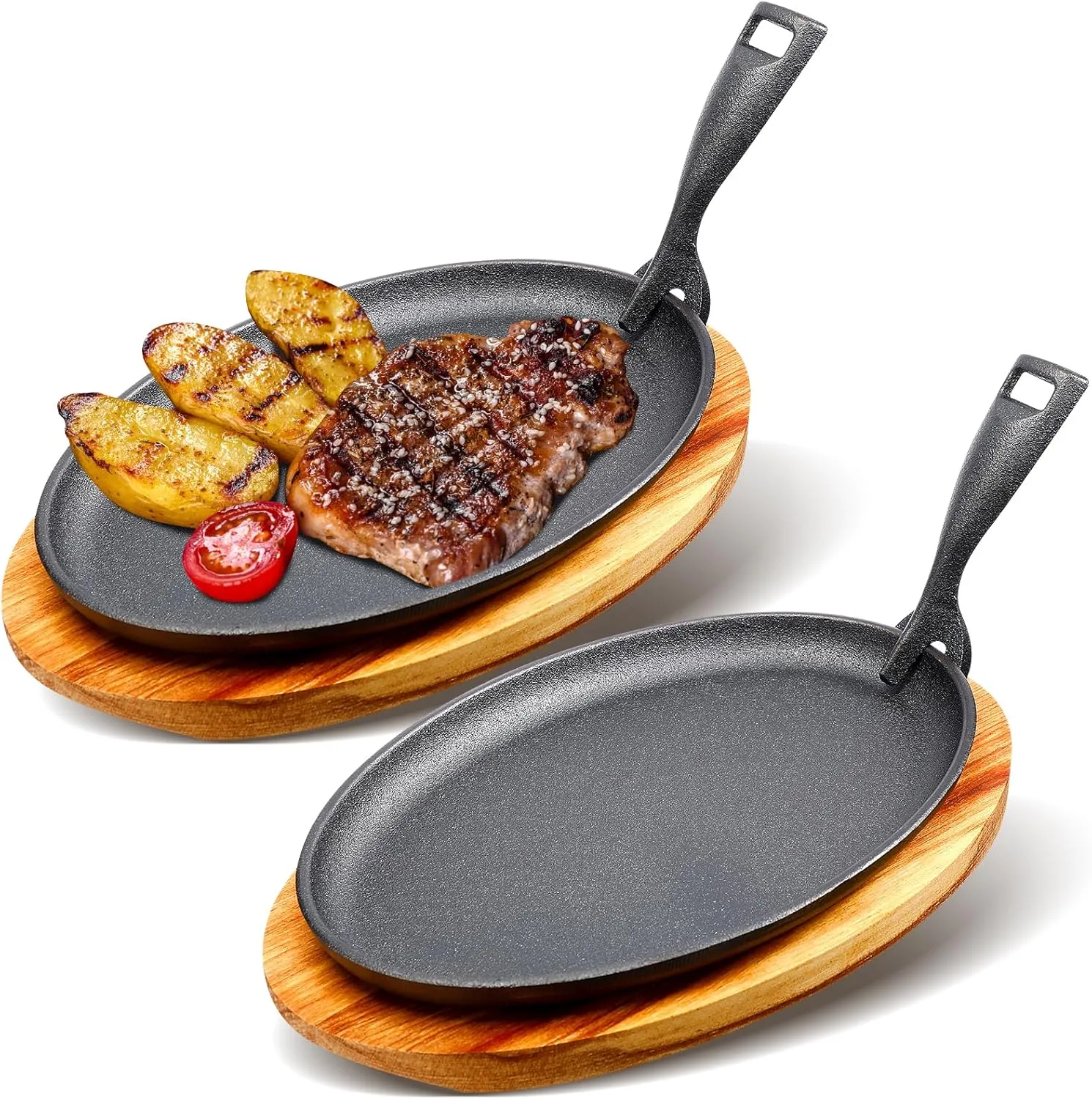 2 Sets Cast Iron Skillet Set 10.63'' x 6.89'' Fajita Plate Sizzling Pan with Wooden Base Anti Scald Protection Removable Handle for Restaurant Kitchen Cooking Accessory BBQ Party