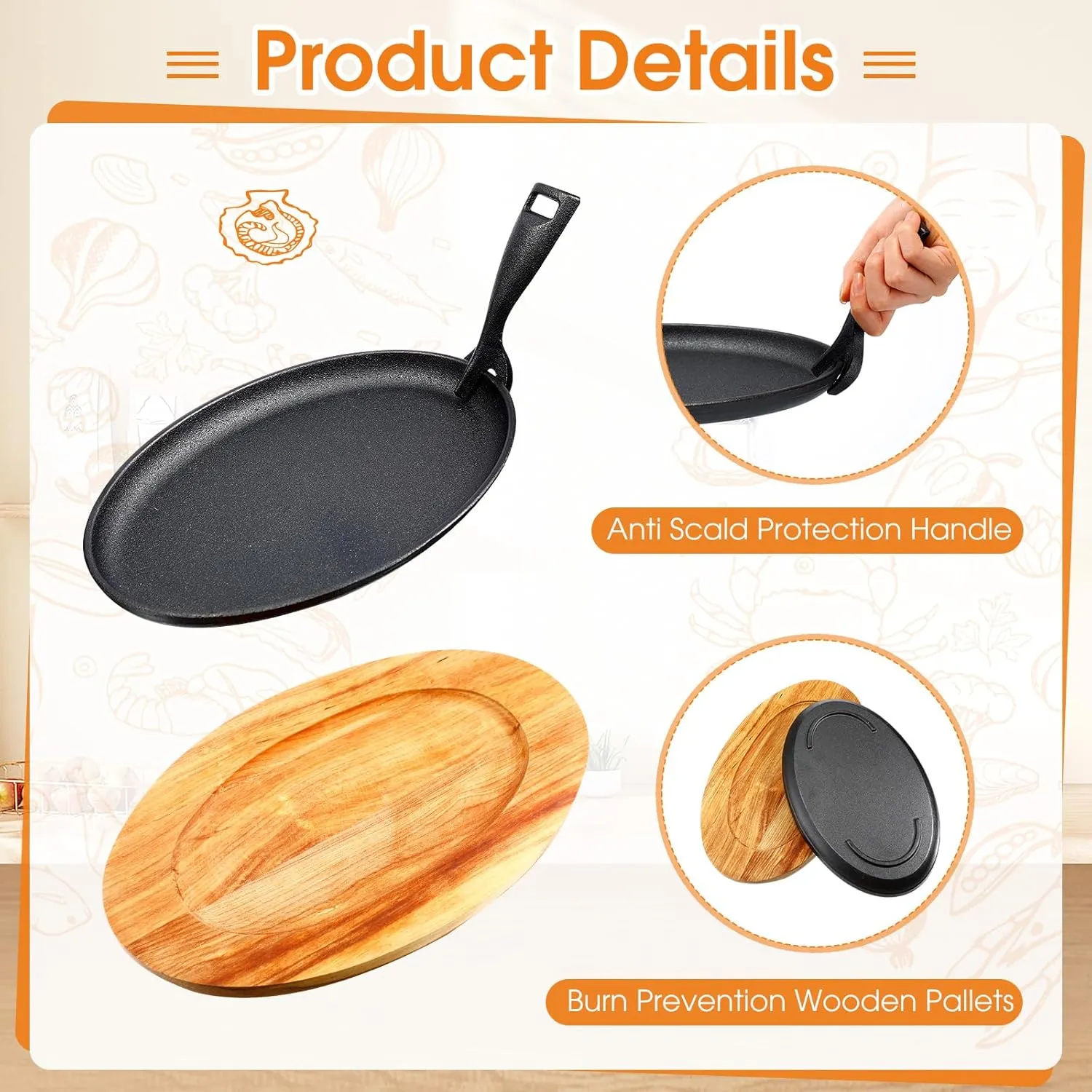 2 Sets Cast Iron Skillet Set 10.63'' x 6.89'' Fajita Plate Sizzling Pan with Wooden Base Anti Scald Protection Removable Handle for Restaurant Kitchen Cooking Accessory BBQ Party