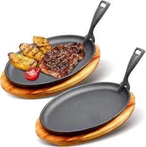 2 Sets Cast Iron Skillet Set 10.63'' x 6.89'' Fajita Plate Sizzling Pan with Wooden Base Anti Scald Protection Removable Handle for Restaurant Kitchen Cooking Accessory BBQ Party