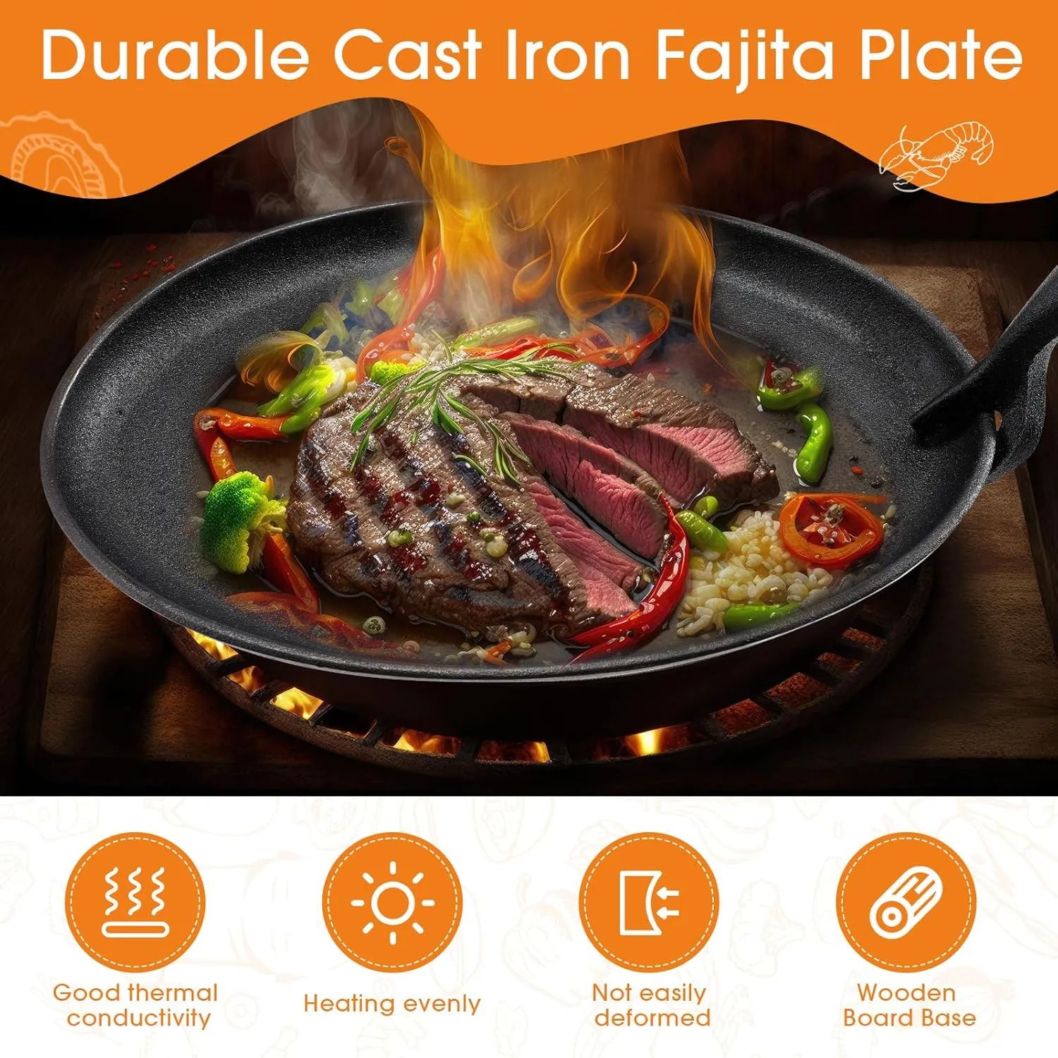 2 Sets Cast Iron Skillet Set 10.63'' x 6.89'' Fajita Plate Sizzling Pan with Wooden Base Anti Scald Protection Removable Handle for Restaurant Kitchen Cooking Accessory BBQ Party