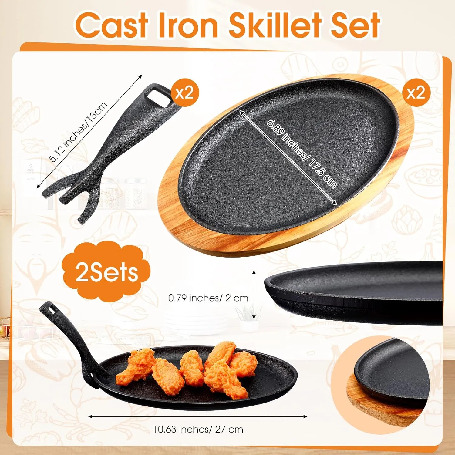 2 Sets Cast Iron Skillet Set 10.63'' x 6.89'' Fajita Plate Sizzling Pan with Wooden Base Anti Scald Protection Removable Handle for Restaurant Kitchen Cooking Accessory BBQ Party