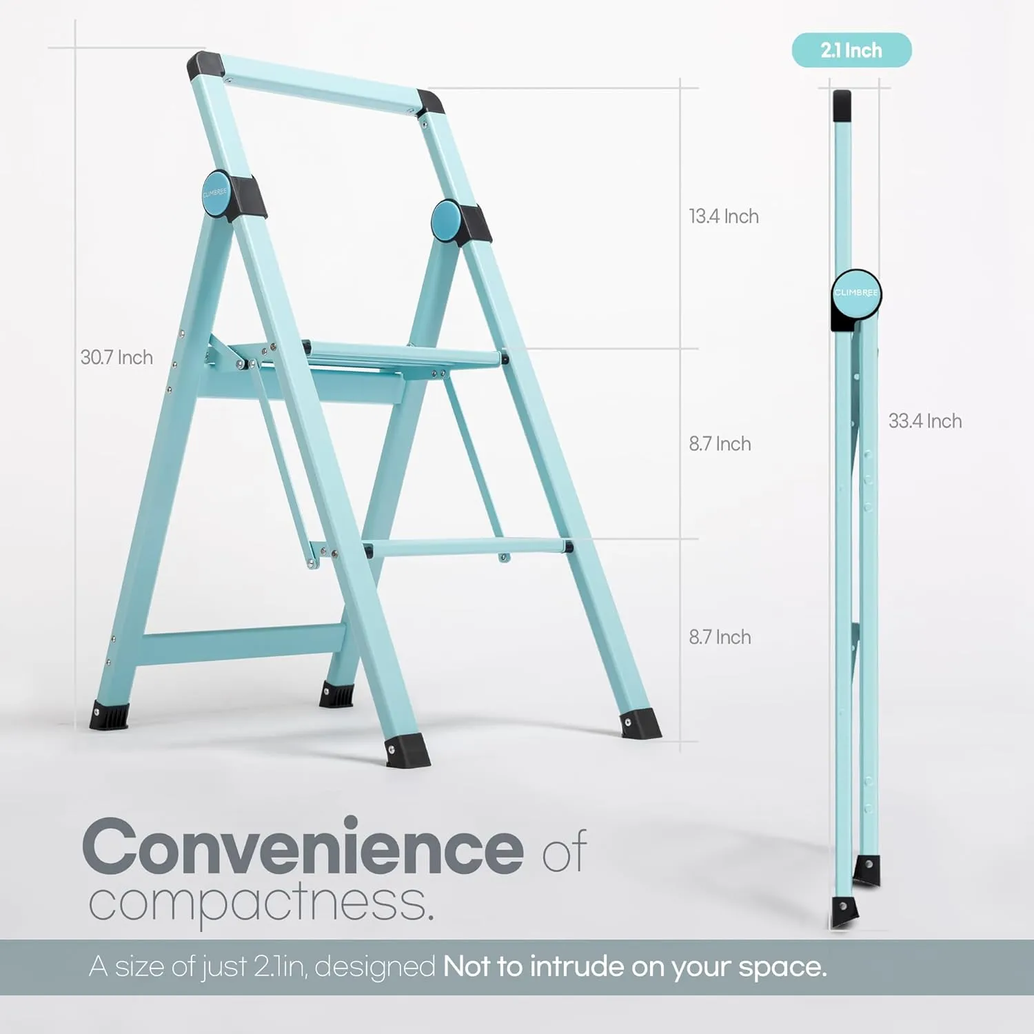 2 Step Ladder in Azure Blue; Collapsible Step Stool with Handle - Foldable, Lightweight and Portable; 225lbs Heavy Duty Aluminum Step Stool Ladder for Home   Office; Folding Kitchen Step Stool