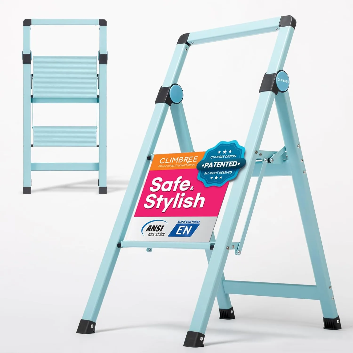 2 Step Ladder in Azure Blue; Collapsible Step Stool with Handle - Foldable, Lightweight and Portable; 225lbs Heavy Duty Aluminum Step Stool Ladder for Home   Office; Folding Kitchen Step Stool