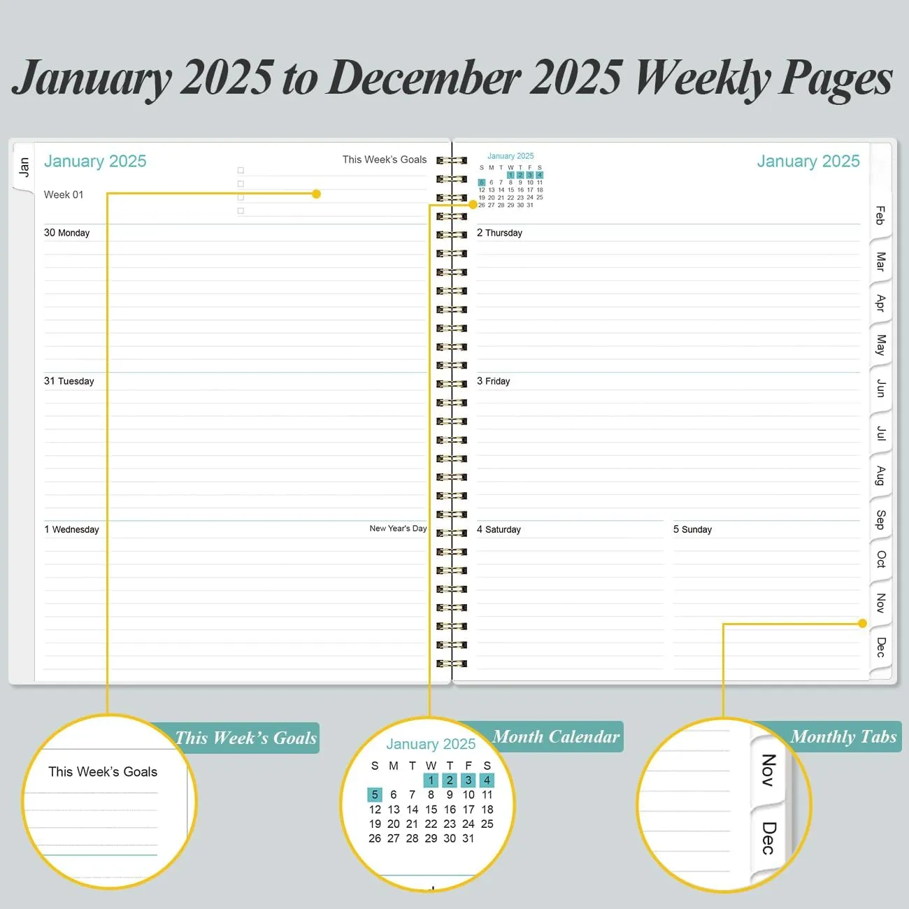 2025 Planner - Planner 2025 from January 2025 to December 2025 with 12 Monthly Tabs, Flexible Cover, Inner Pocket, 8.5" x 11", Black